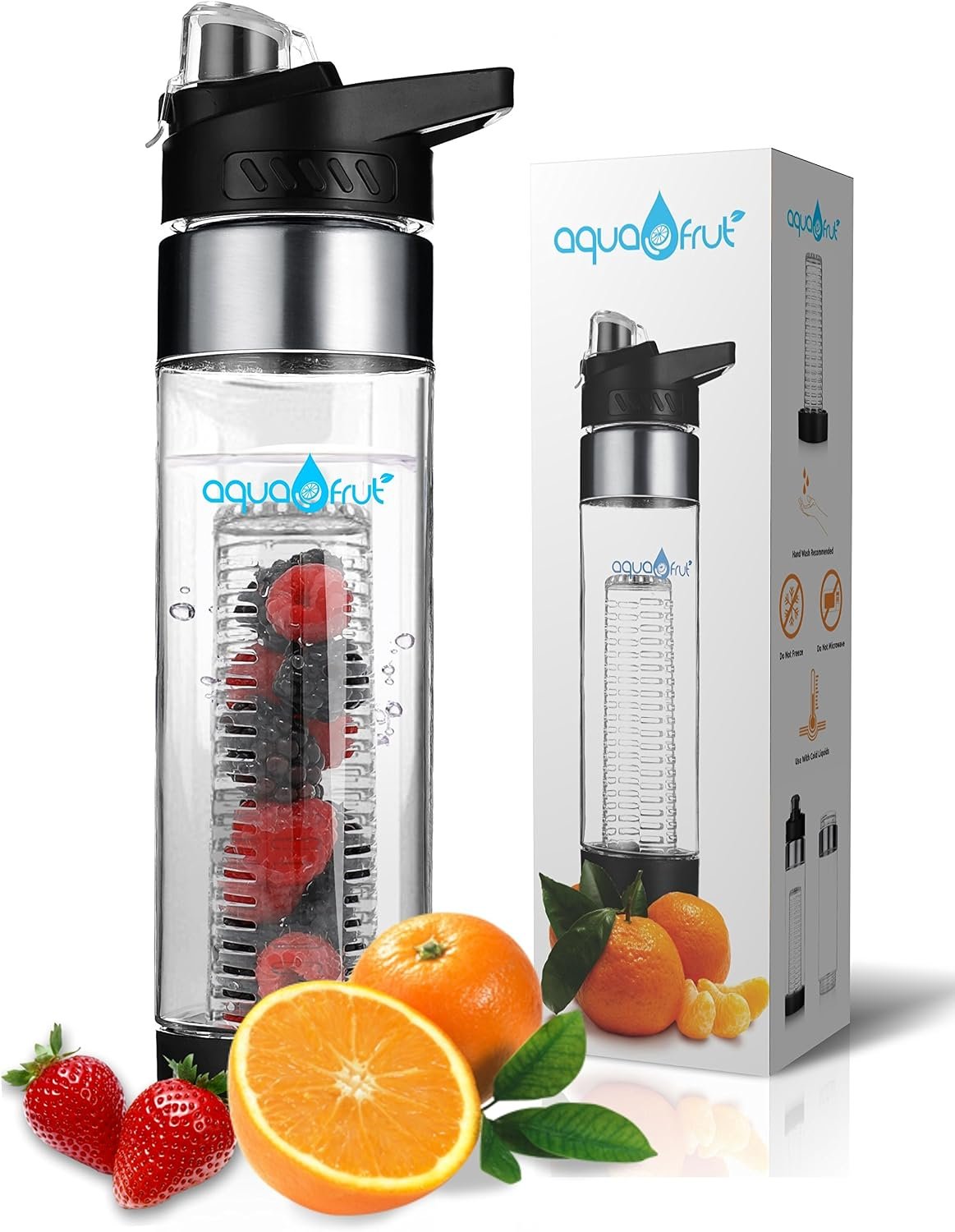 AquaFrut Fruit Infuser Water Bottle – BPA Free Tritan Plastic Infusion Bottle – 24oz Leak Proof – Bottom Loading – Includes Flavor Hydration Recipe eBook