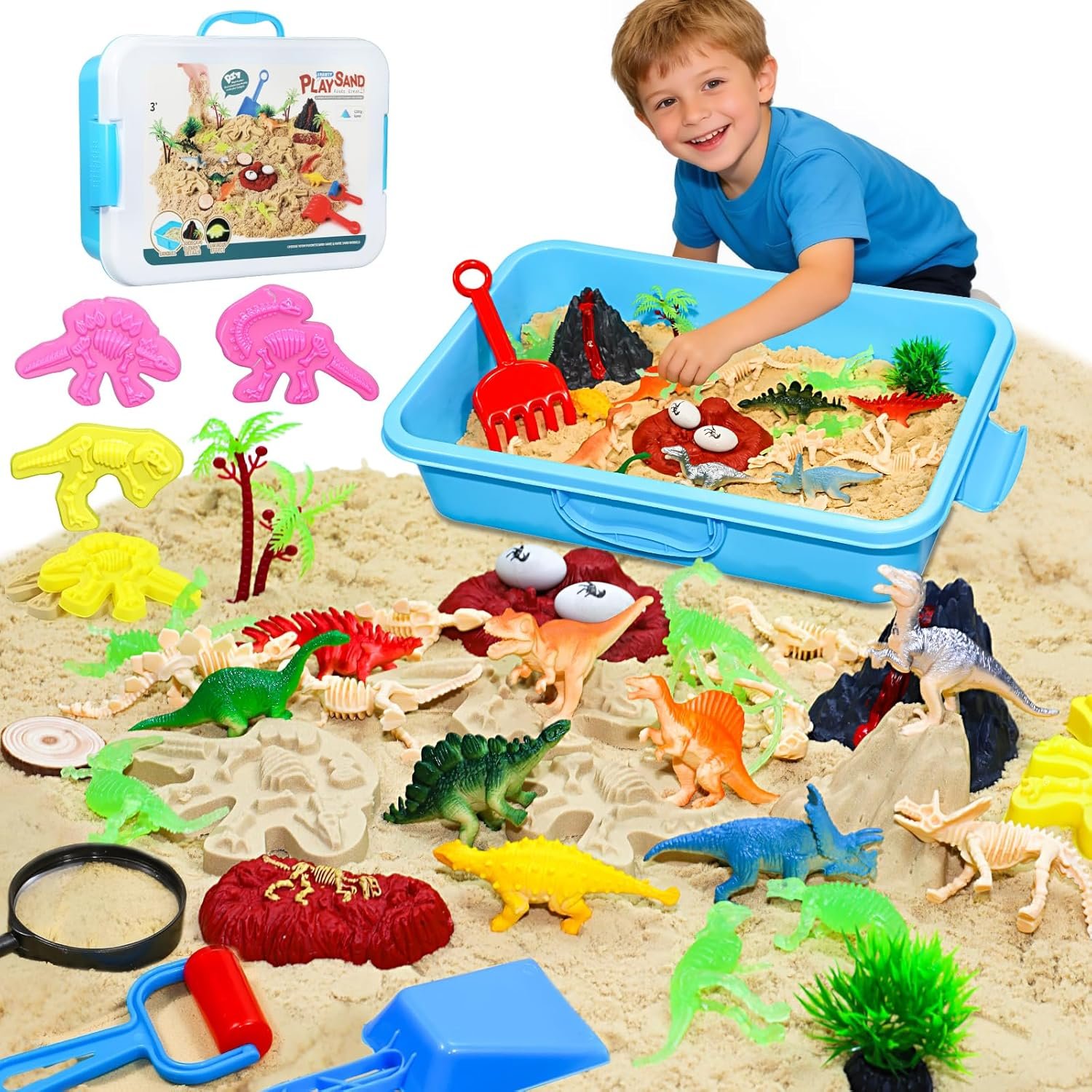 Dinosaur Sensory Bin with Lid, Complete Magic Sensory Sand Kit | 2.64lbs Magic Sand, Dino Skeletons & Archaeology Tools, Dinosaur Toys for Kids 3-7+, Toddler Boy Christmas Birthday Gifts