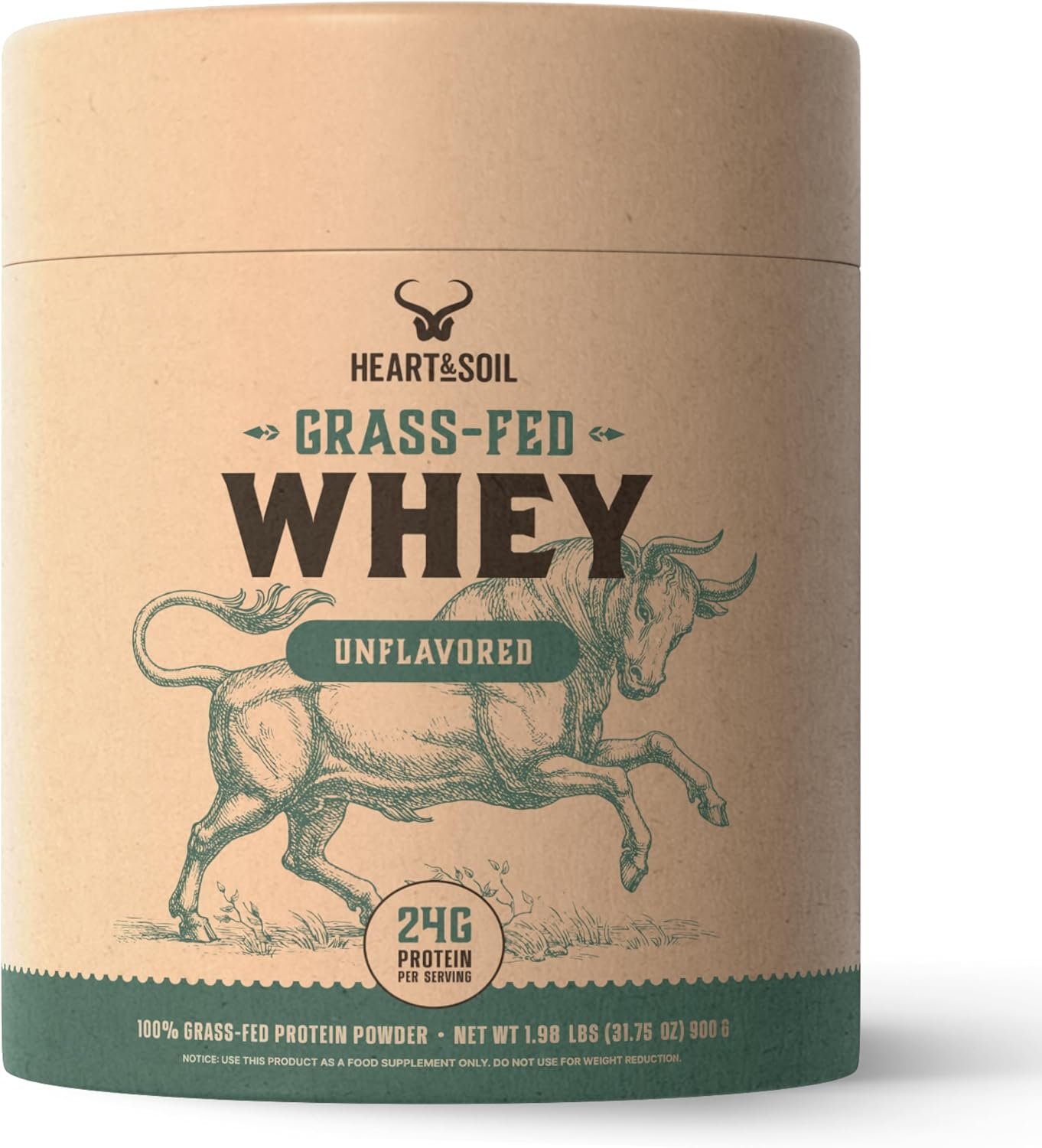HEART & SOIL 100% Grass Fed Protein Powder – Single Ingredient: Whey Protein Concentrate – UNFLAVORED – Cold-Processed to Preserve Nutrients – 24g of Pure Grass Fed Whey Per Serving – 2lbs