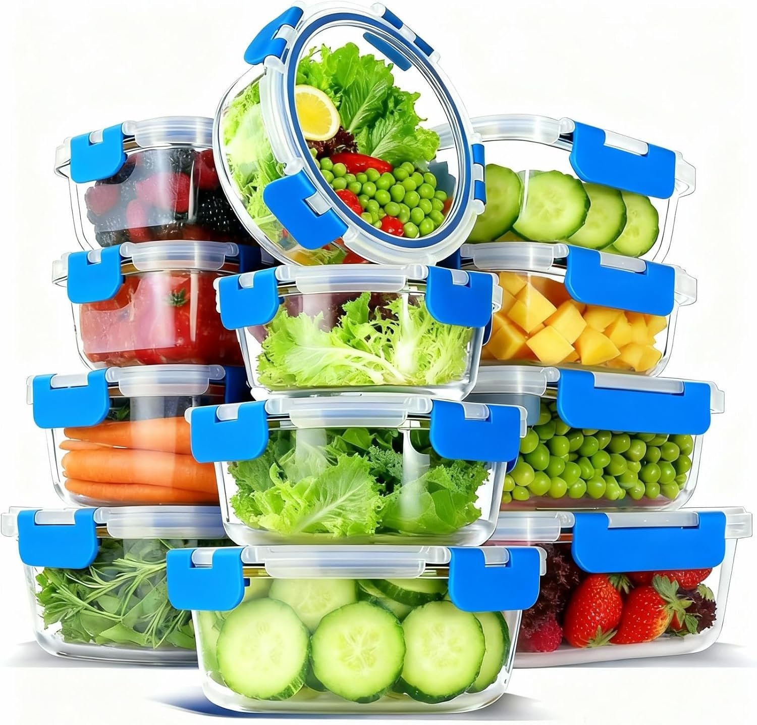 12 Pack Glass Food Storage Container Set with Lids Non Toxic, Stackable Borosilicate Glass Meal Prep Containers, Microwave, Oven, Freezer and Dishwasher Safe (Blue-12)