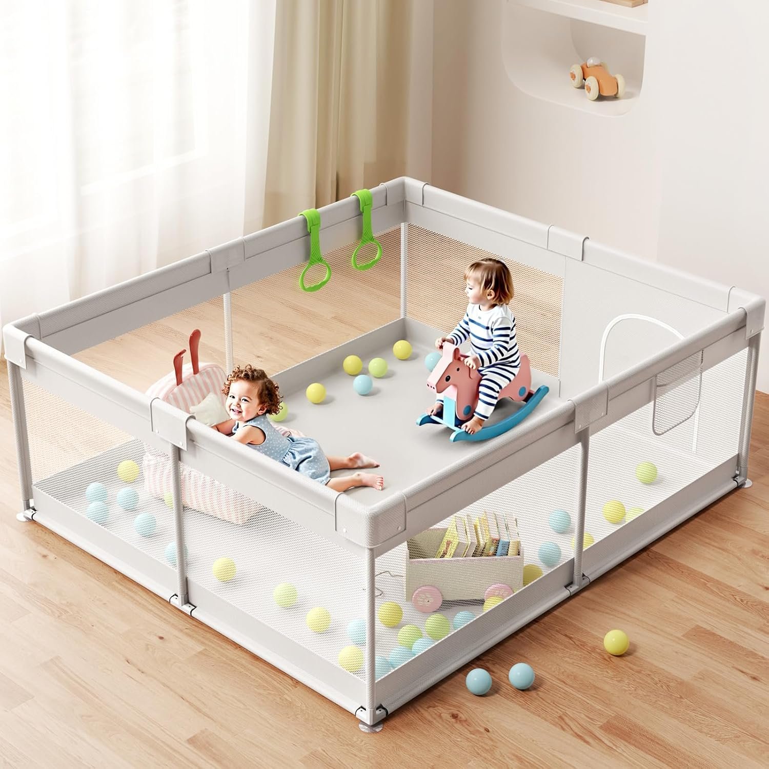 ZEEBABA Extra Large Baby Playpen – Playpen for Babies and Toddlers, Play Pen with Gate, Play Yard Baby Fence Play Area Zone Indoor, Sturdy Kids Play Pin (Gray, 69×59in)