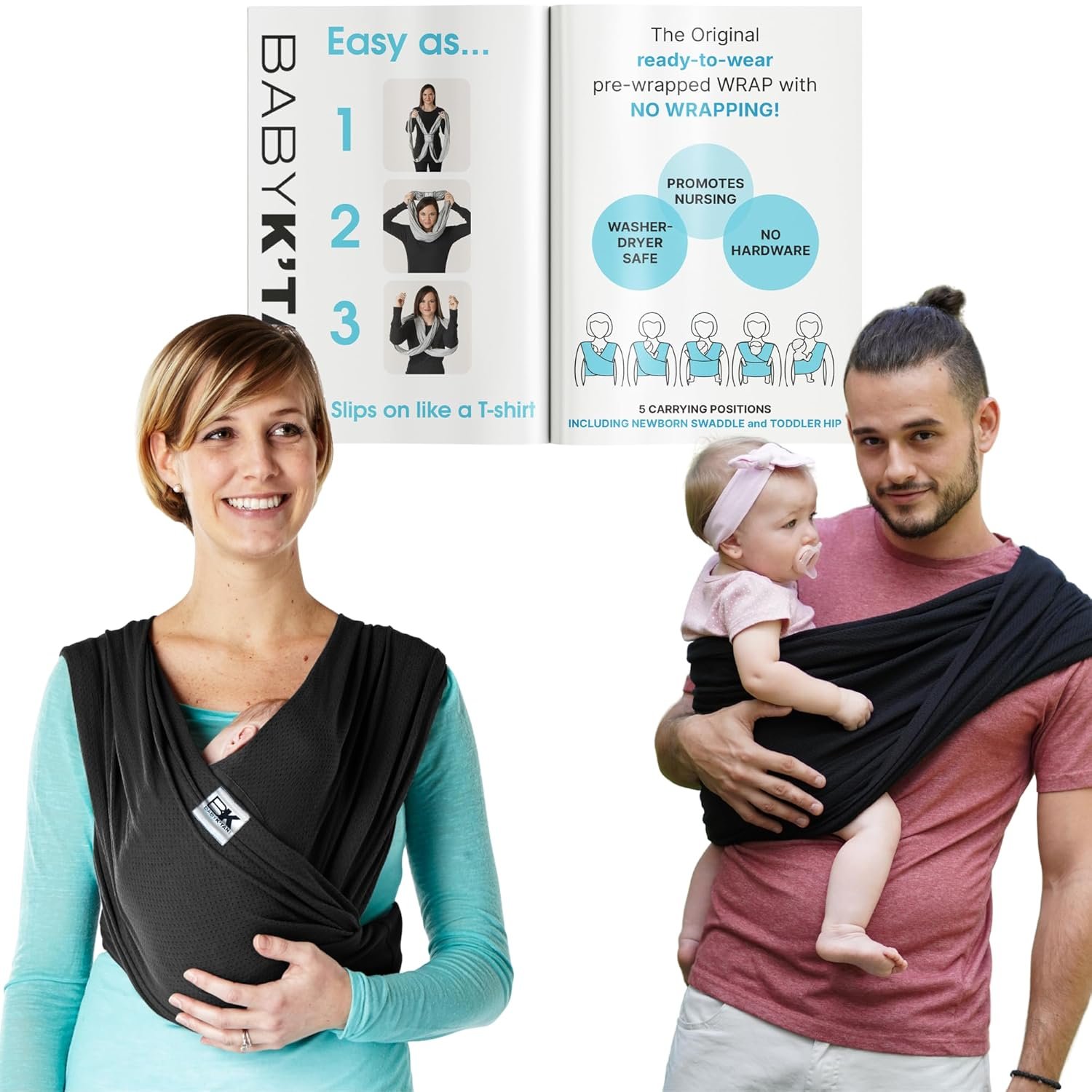 Breeze Baby K’tan Baby Carrier Breathable 100% Cotton Mesh | Hands Free Wrap for Infants | No Rings Or Buckles | Black | Small