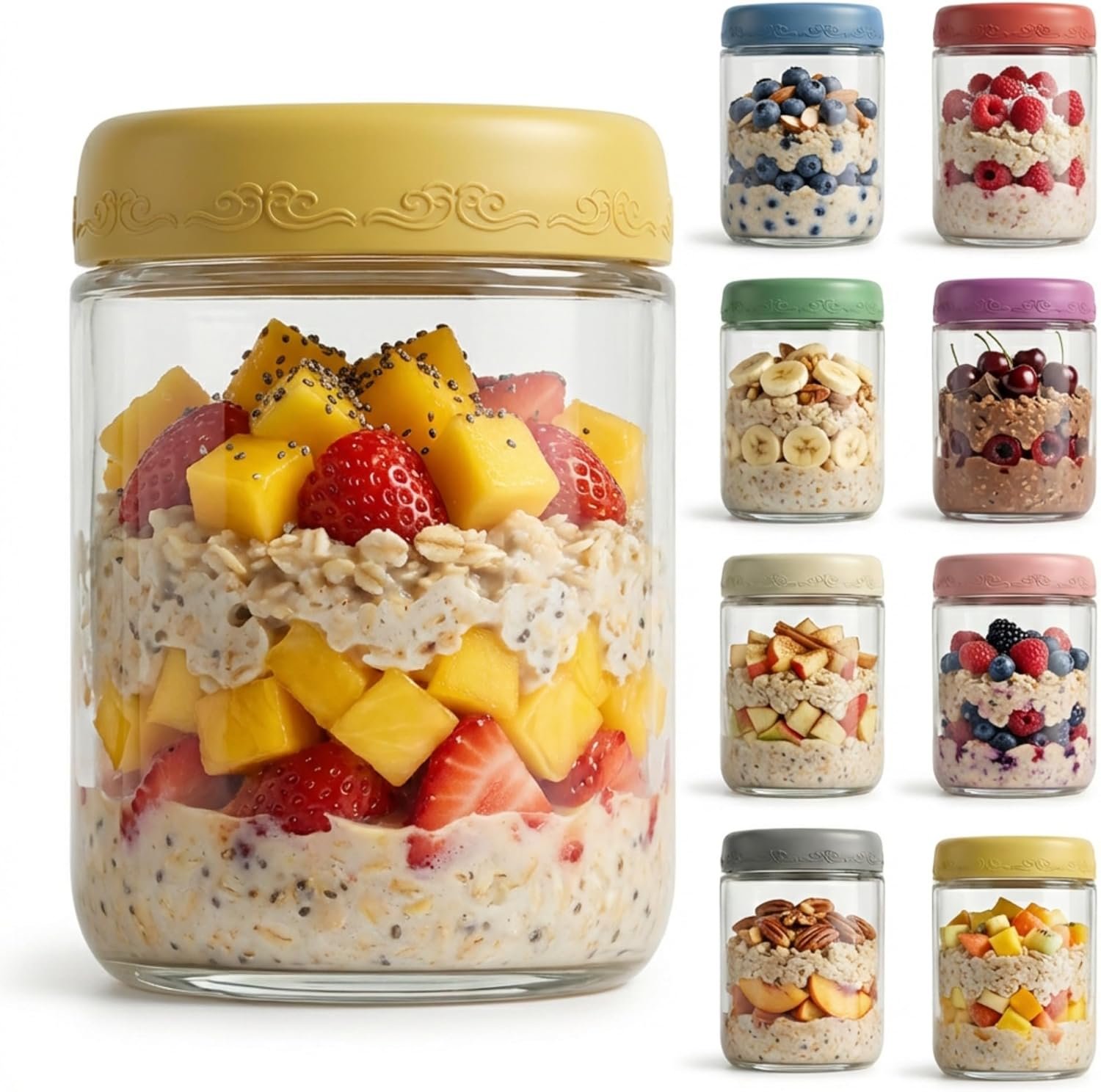 16oz 8Pack Glass Overnight Oats Jars Containers with Airtight Leakproof Lids, Reusable Mason Jars for Meal Prep, Yogurt Parfaits, Smoothies, Salads & Healthy Breakfast(16oz-8Pack)