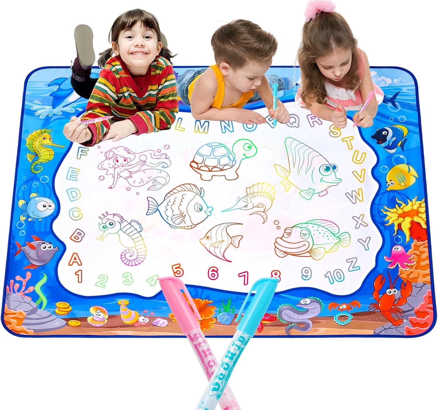 Large Water Doodle Mat for Toddlers, Magical Colourful, 39″×31″ Mess Free Coloring Mat with 2 Water Pens, Educational Toy Gifts for Kids 3+ Year – Ocean