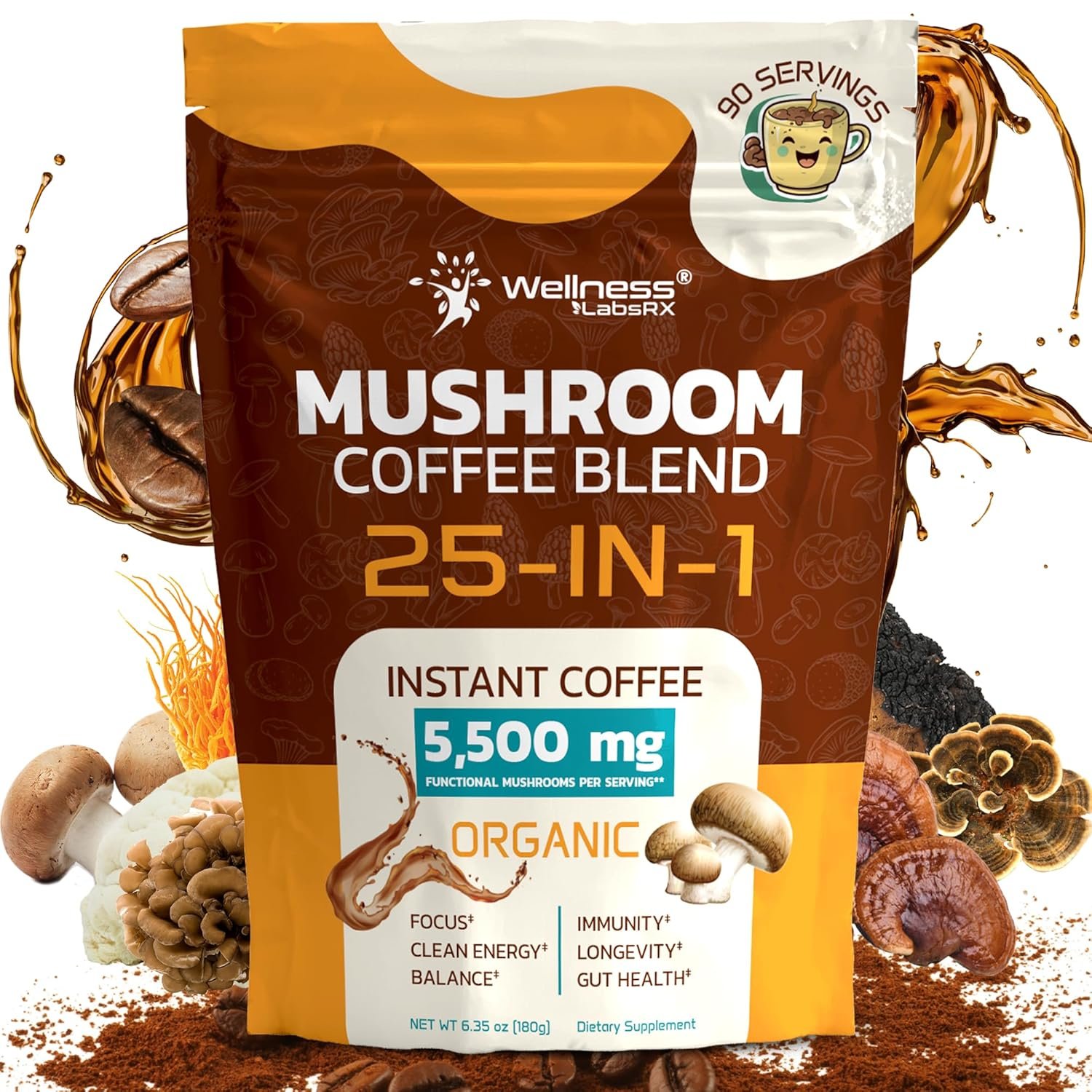 Mushroom Coffee Organic Instant Coffee, 25-in-1, Third-Party Tested Keto Friendly Lions Mane Supplement with Functional Mushrooms – Shiitake, Reishi, Lion’s Mane & More | Smooth, Rich Flavor – 90 Servings
