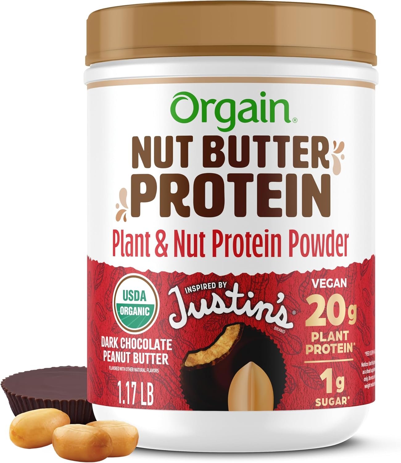 Orgain X Justin’s ® Organic Vegan Nut Butter Protein Powder, Chocolate Peanut Butter- 20g Plant Protein, 1g Sugar, Gluten Free, No Dairy, Soy Ingredients, or Artificial Flavors, 1.17 lb
