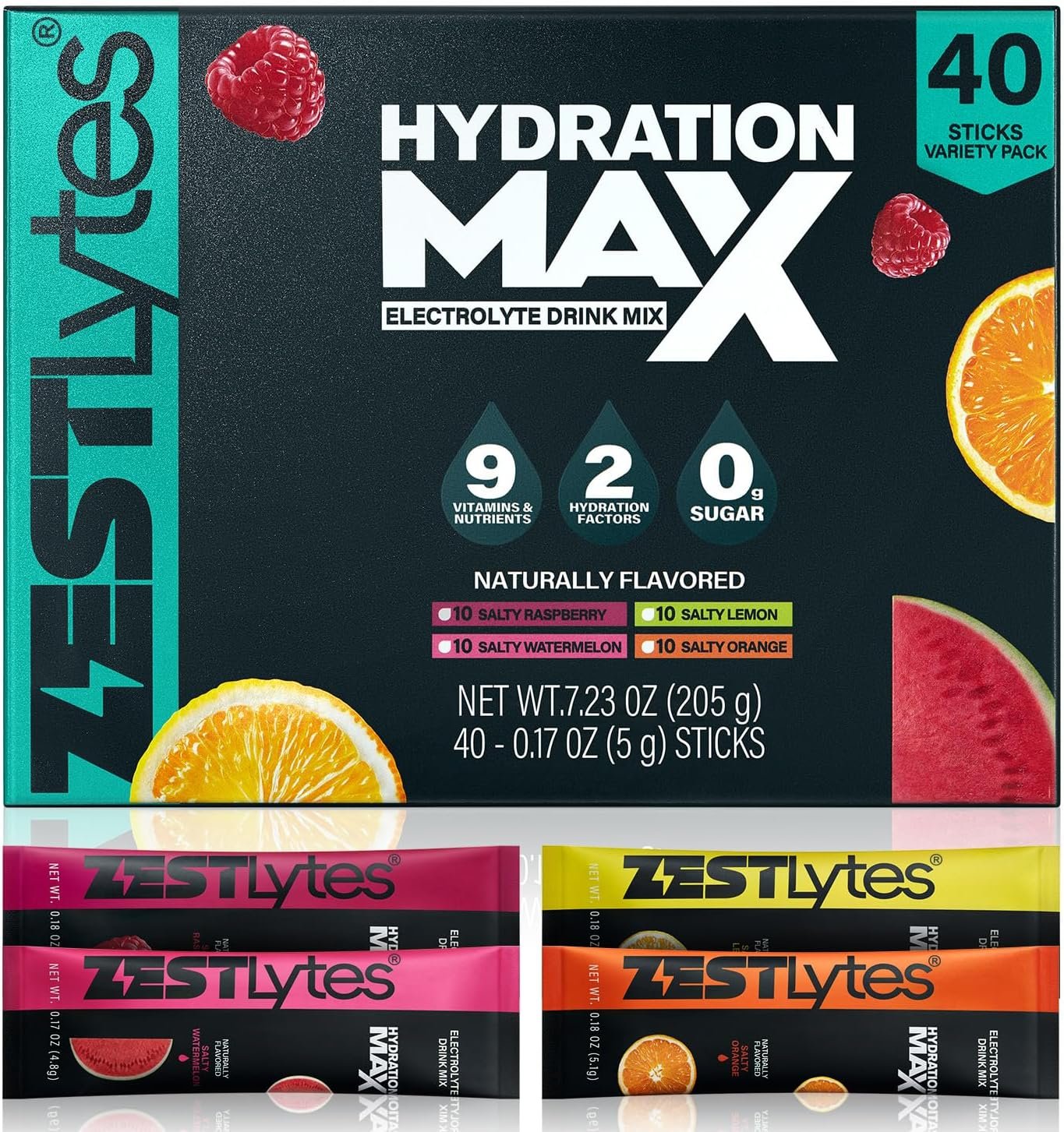 40 Sticks Salty Fruit Sugar Free Electrolyte Hydration Packets, High Sodium Low Calorie Electrolyte Powder Drink Mix, Liquid Daily IV Flavors Salty Watermelon Raspberry Lemon Orange