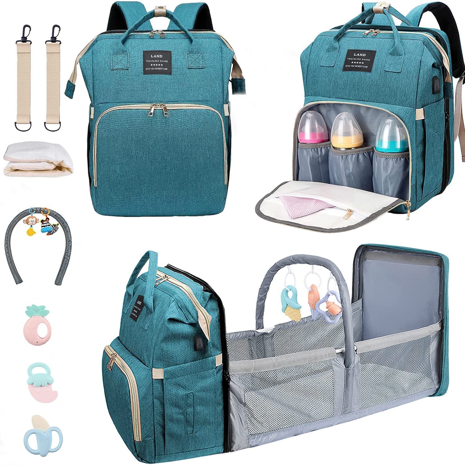 ANWTOTU Baby Diaper Bags with Changing Station,900D Oxford Waterproof Diaper Bag Backpack for Moms Dads with USB Charging Port,Large Capacity Baby Essentials(Ungrade-Green)