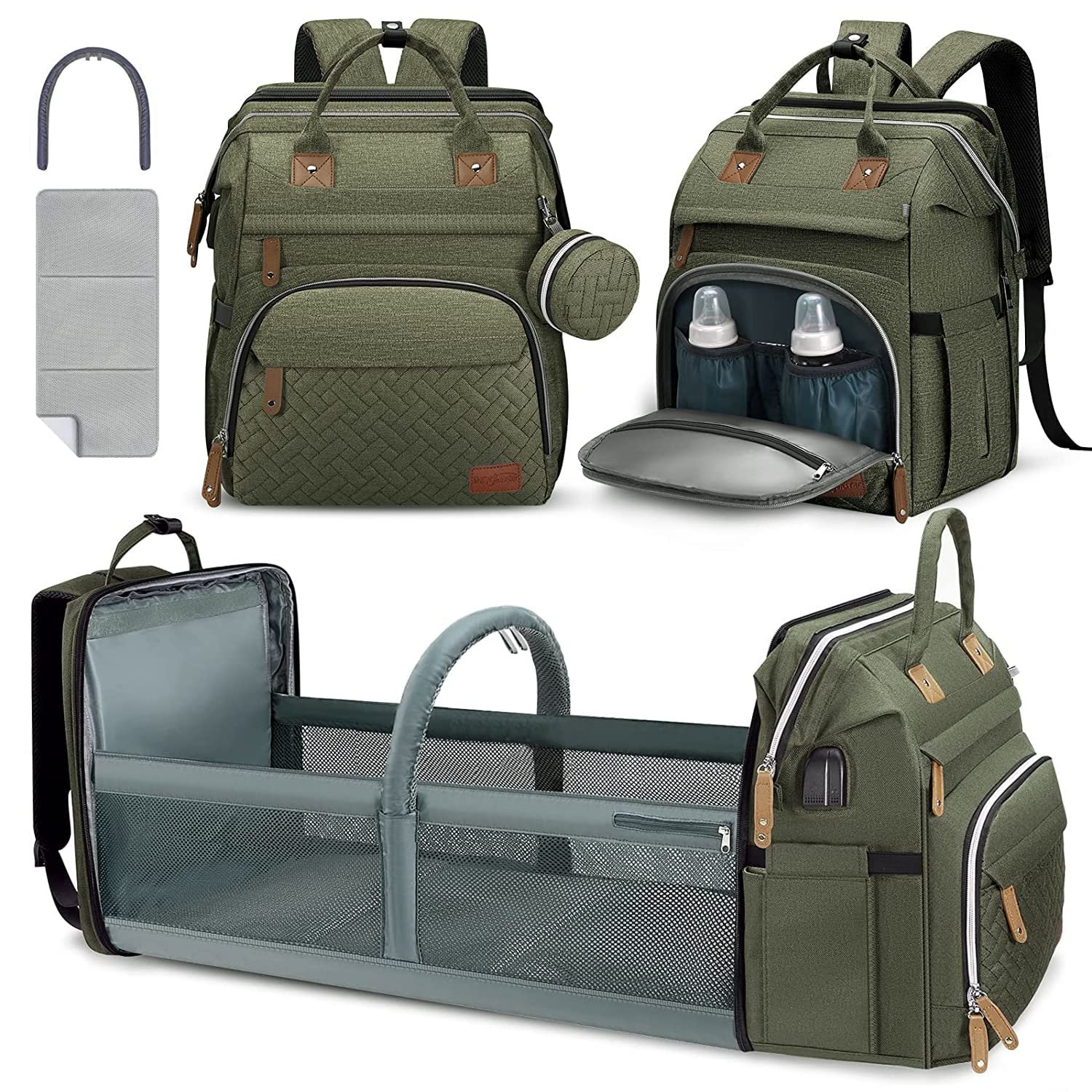 DERJUNSTAR Baby Diaper Bag Backpack with Changing Station Large Capacity Baby Bag for Boys & Girls, USB Charging Port, Pacifier Case, Sunshade & Toy Bar, Waterproof, Forest