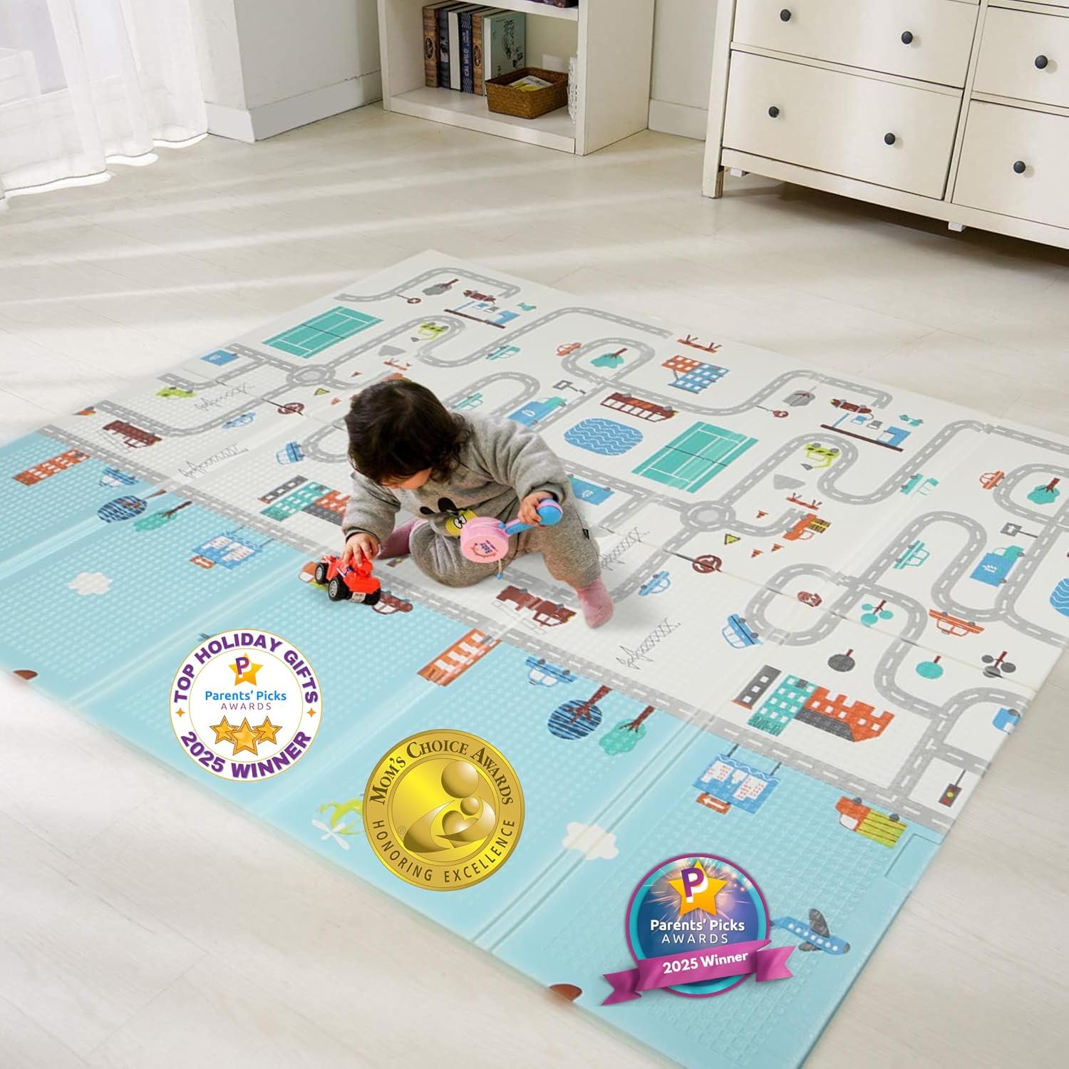 Bammax Extra Large 78″ x 70″ x 0.4″ XPE Foam Baby Play Mat with Travel Bag | Anti-Slip, Waterproof, Foldable & Reversible Padded Playmat | Baby Crawling & Kids Play Mat – Giftable Design, Cars & Fire Engine