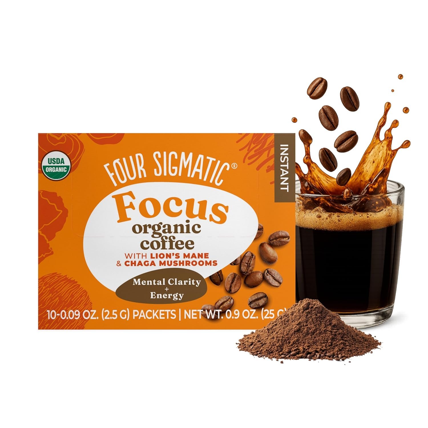 Four Sigmatic Focus Organic Mushroom Coffee | Instant Mushroom Coffee Mix with Lion’s Mane, Chaga and Rhodiola for Better Focus and Immune Support | 10 Packets
