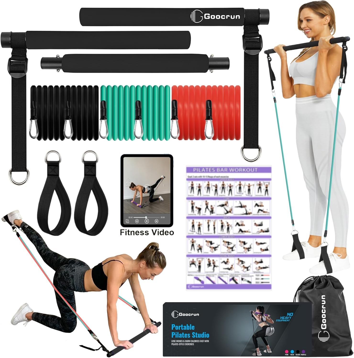Goocrun Portable Pilates Bar Kit with Resistance Bands for Men and Women – 3 Set Exercise Resistance Bands – Multifunctional Home Gym – Supports Full-Body Workouts – with Fitness Poster and Video