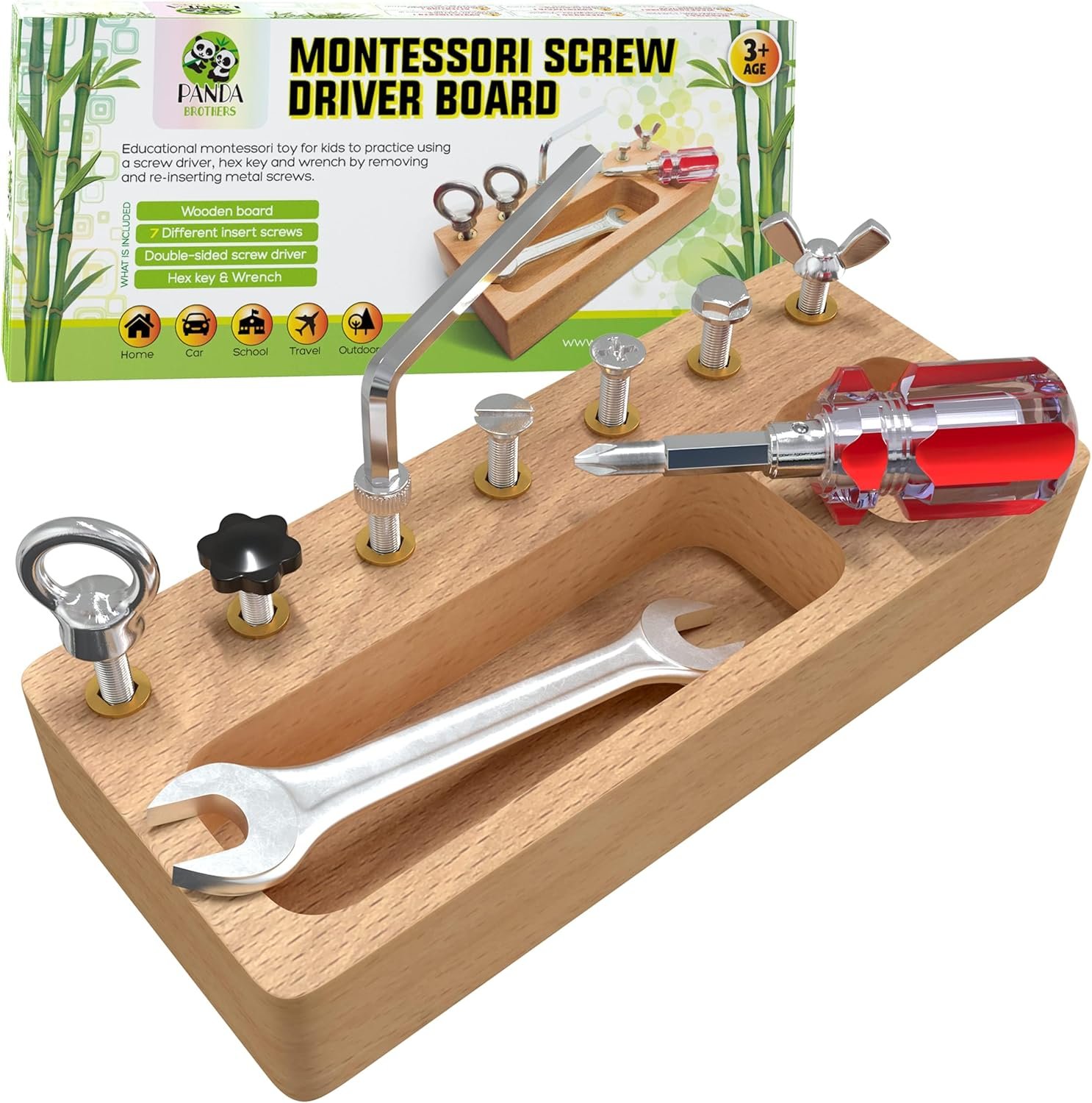 Panda Brothers Montessori Screwdriver Board Set – Wooden Montessori Toys for 4 Year Old Kids and Toddlers, Sensory Bin, Fine Motor Skills, STEM Toys