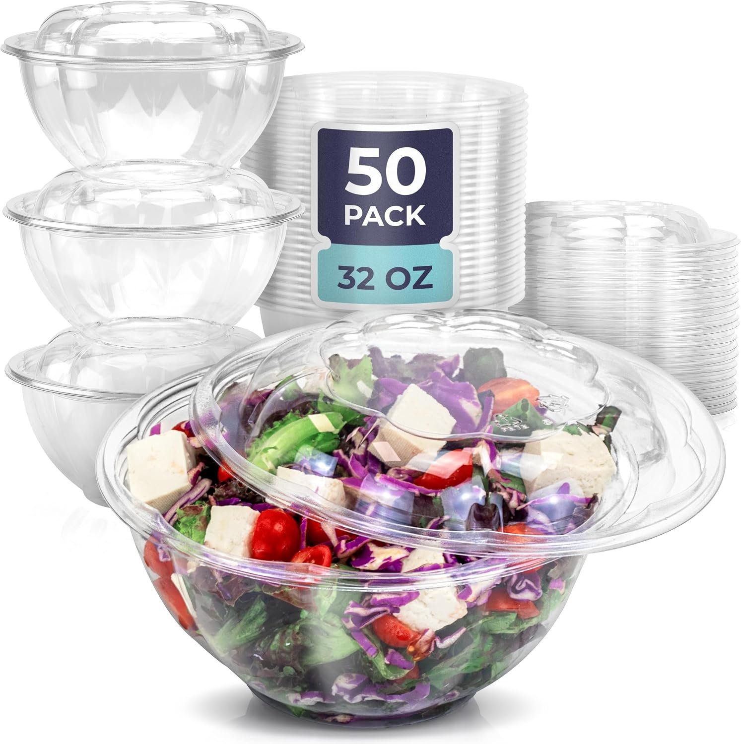 Fit Meal Prep 50 Pack 32 oz Disposable Plastic Clear Salad Bowls with Airtight Lids – To Go for Lunch, Takeout, Party, Catering, Picnic
