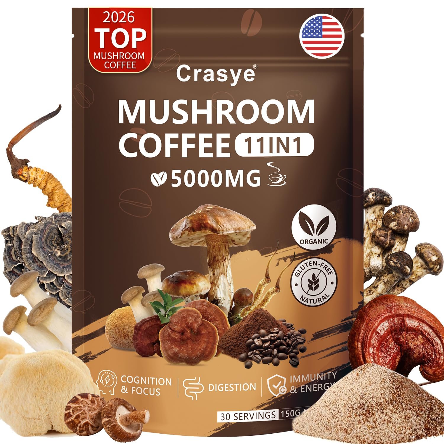 Organic Low Caffeine Mushroom Coffee 11 Superfood Instant Mushrooms Coffee with Ashwagandha, Shilajit, Lion’s Mane, Reishi, Chaga & Collagen Arabica Coffe Powder Ground for Focus, Energy, Digestion and Immunity 30 Servings Cafe De Hongos