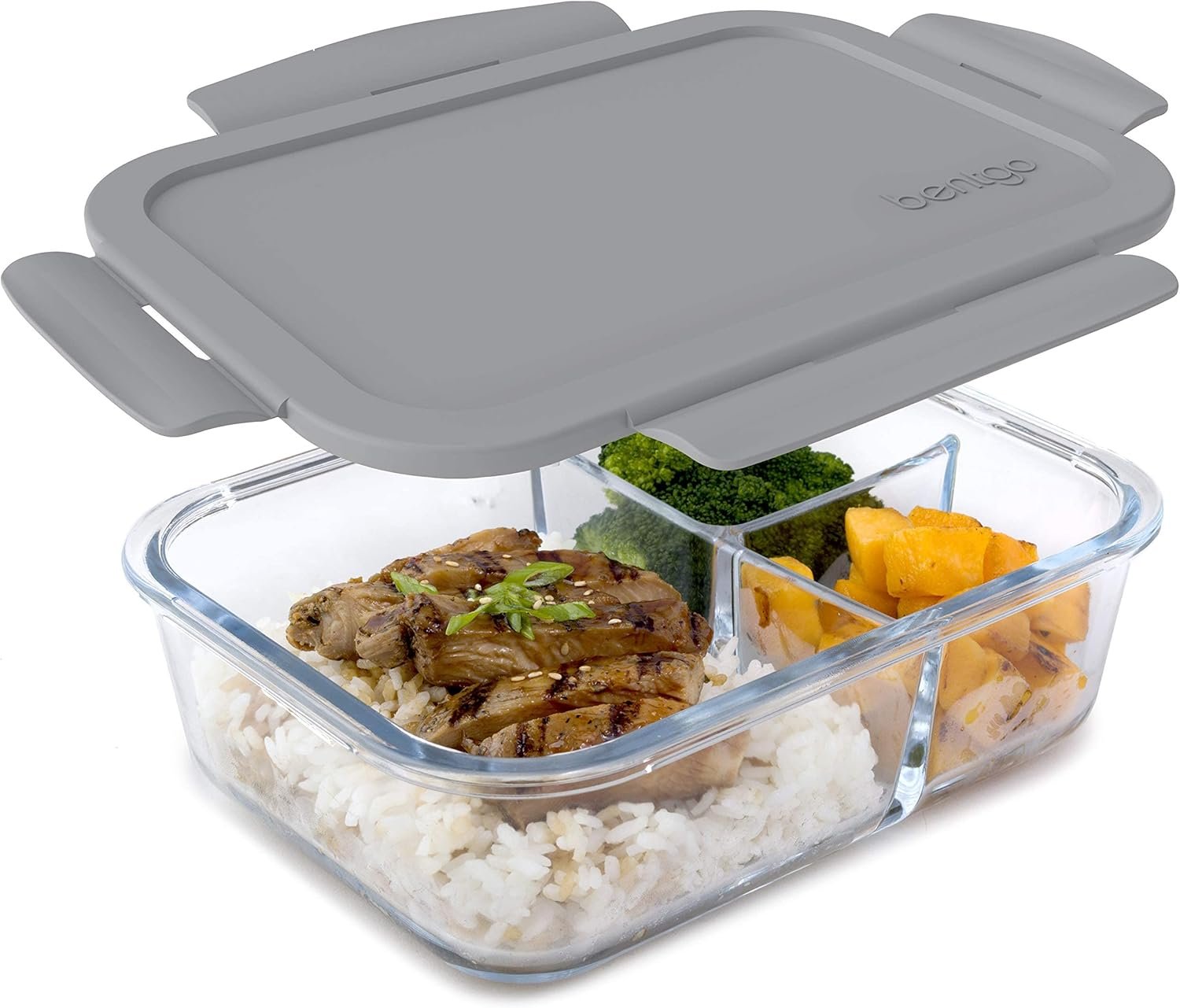 Bentgo Glass Lunch Box – Leak-Proof Bento-Style Food Container with Airtight Lid and Divided 3-Compartment Design – 5 Cup Capacity for Meal Prepping, and Portion-Controlled Meals for Adults (Gray)