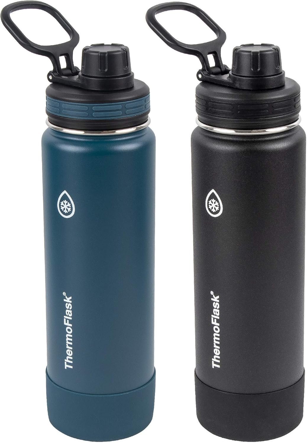 ThermoFlask Stainless Steel Water Bottles 2-Pack – Double-Wall Vacuum Insulated 24 oz BPA-Free Spout Lids – Keeps Drinks Cold 24 Hrs, Hot 12 Hrs – Leakproof, Dishwasher Safe, Mayan Blue/Black
