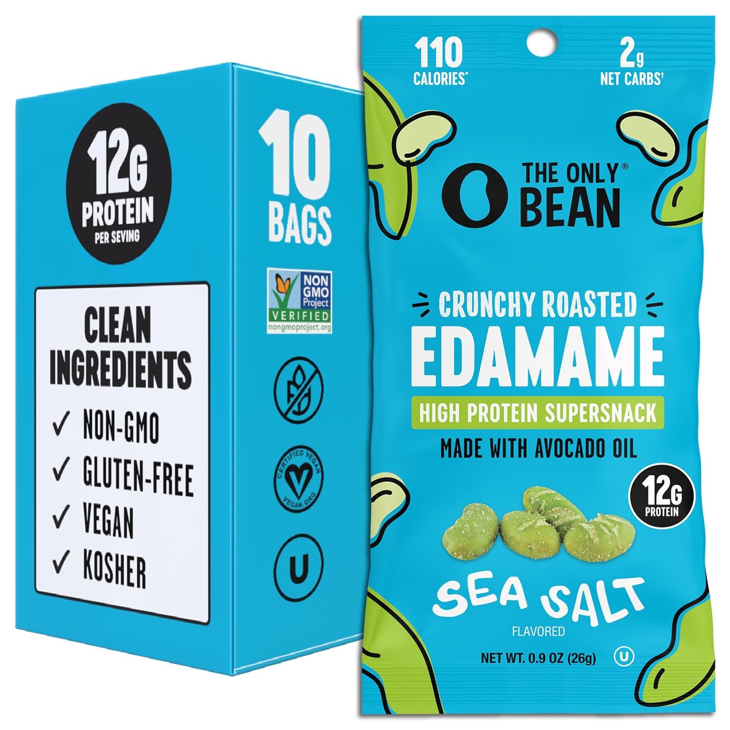 The Only Bean Crunchy Dry Roasted Edamame Snacks (Sea Salt), Healthy High Protein(11g) Keto Food, Low Carb Gluten Free Office Vegan Food 100 Calorie Snack Pack, 0.9oz 10 Pack