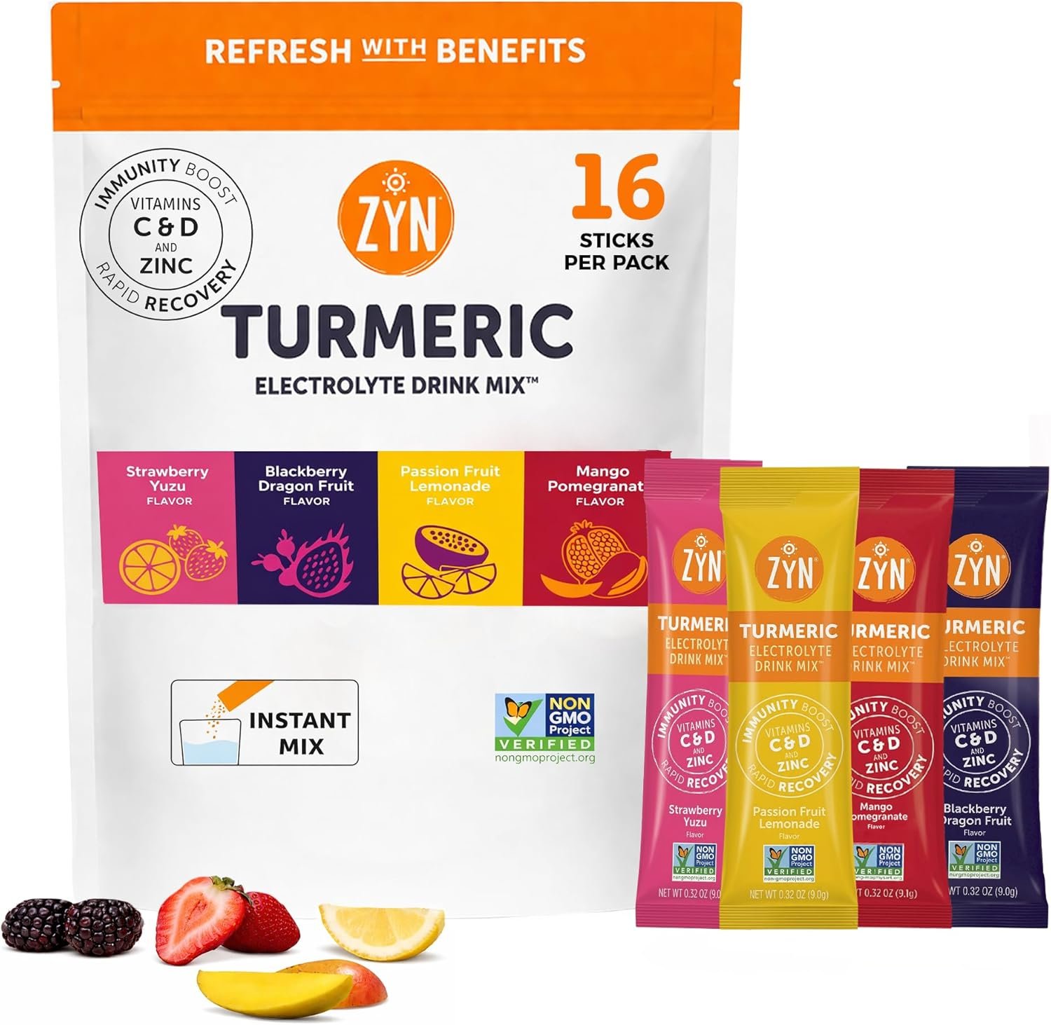 ZYN Electrolyte Drink Mix Hydration Packets, Electrolytes Powder, Hydration Packets w/Turmeric Curcumin, Vitamin C and D, Zinc, Hydrate Electrolyte Powder Packets for Wellness, Variety Pack of 16