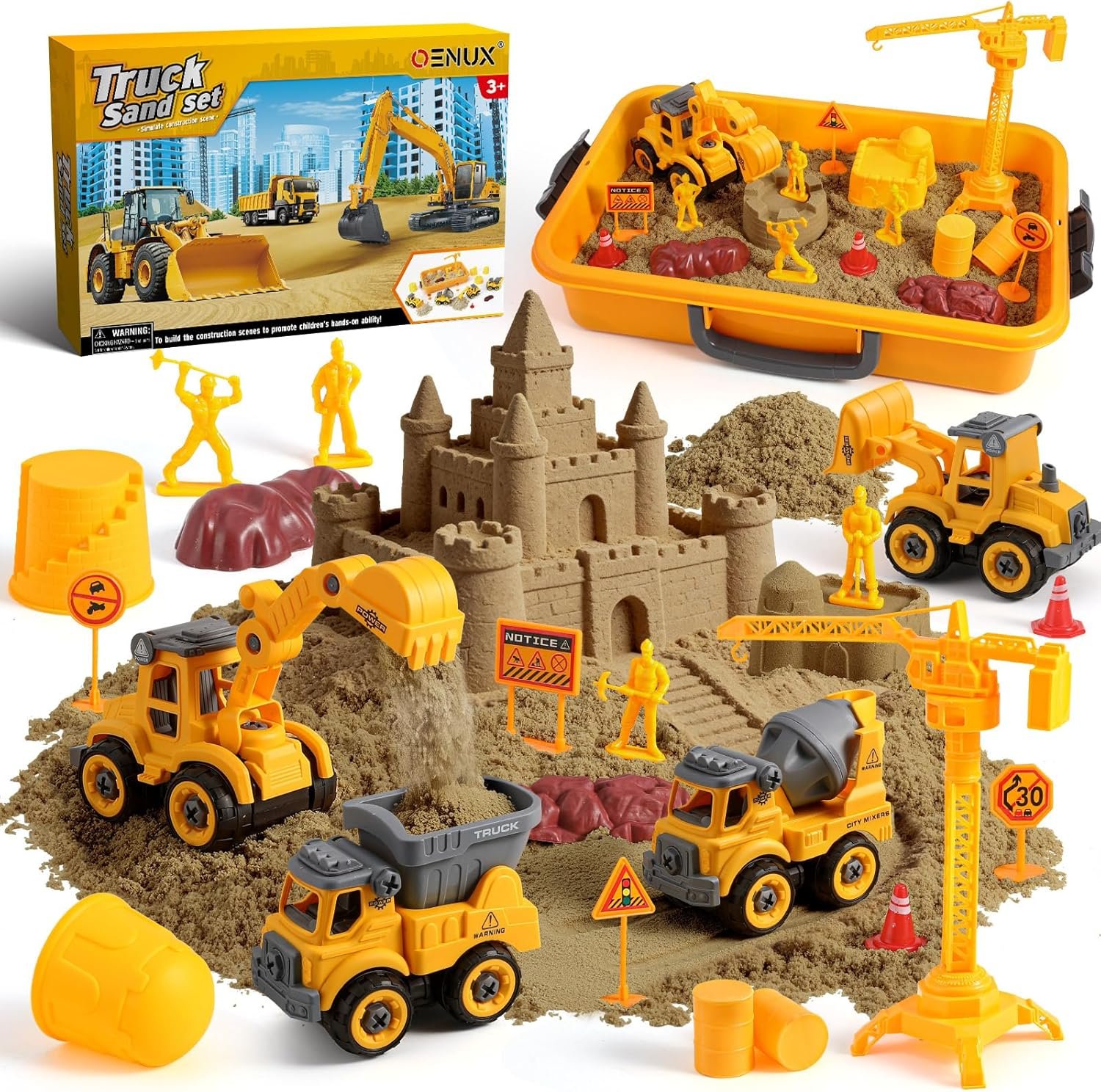 OENUX Play Sand Construction Set, Beach Building Castle Kit w/ 2.2lbs Play Sand, 4 Take Apart Construction Trucks Toys and Signs, Sensory Sandbox with Cover for Boy Girl Kid Toddlers Age 3-8