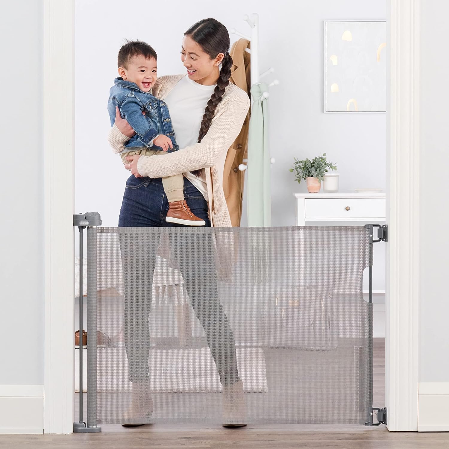 Regalo Safety 50″ Extra Wide Retractable Baby Gate, Mesh Safety Gate for Doorways, Hallways & Bottom of Stairs, Hardware Mounted Gate for Babies, Toddlers & Pets, Lock Indicator Window, Gray