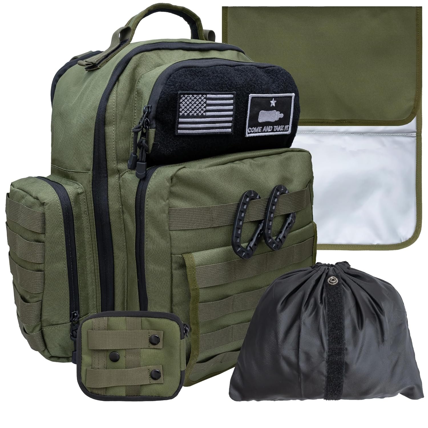 Green Dad Diaper Bag – Molle-Style Military Diaper Backpack Made of Rugged 900D Waterproof Polyester with Wider Extra-Long Straps, Dirty Diapers Pouch, Baby Wipes Dispenser & Insulated Bottle Pockets