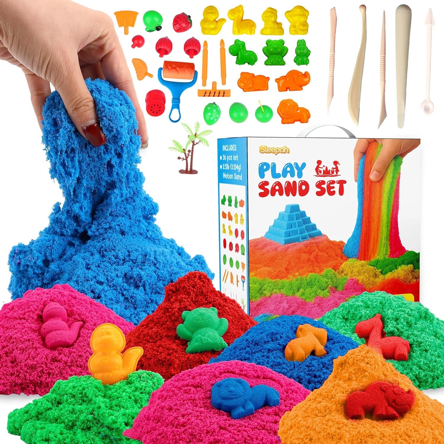 Play Sand (36p Set 5 Colors) Craft Kit Sensory Sand Set for Boys & Girls Age 3 4 5 6 7 8 No Mess Never Dries Out Toy Perfect for Shaping Squeezing Scooping Large Arts & Crafts Set Birthday Gift