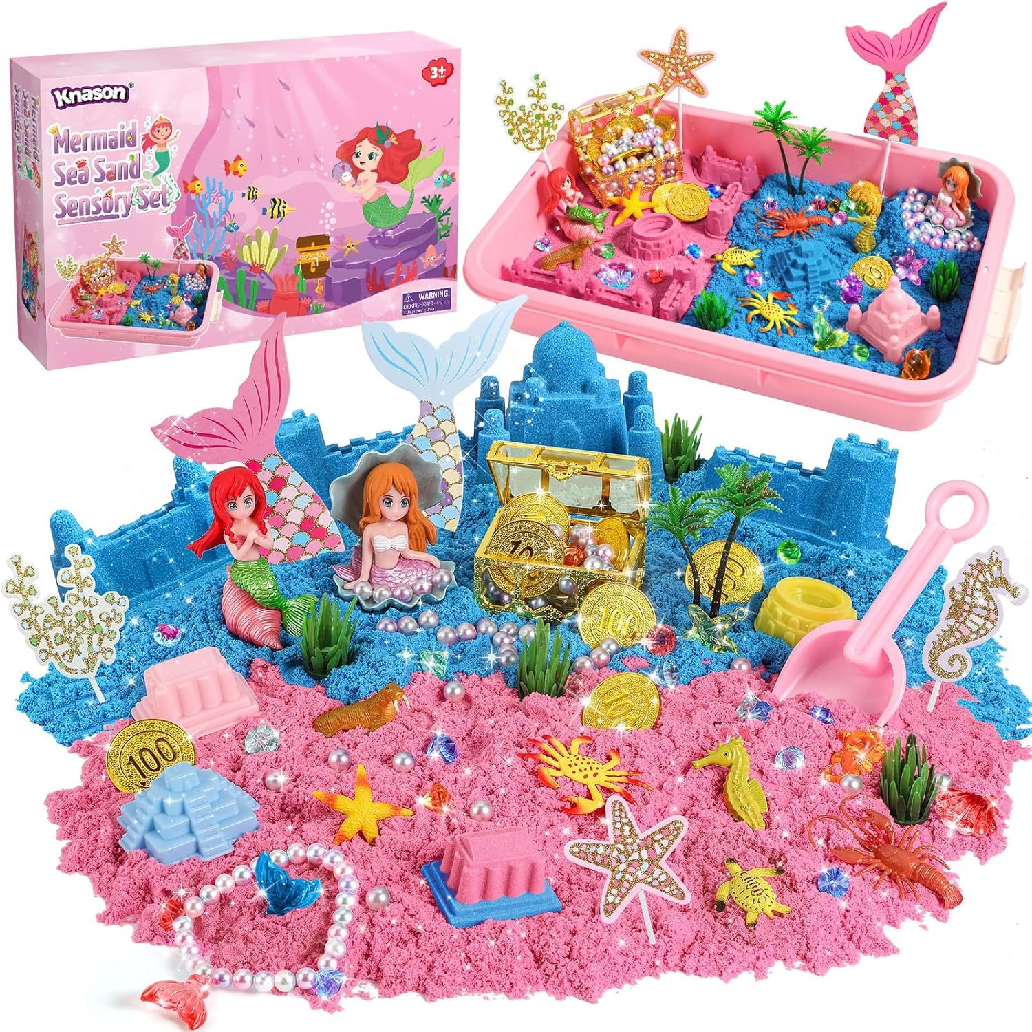 KNASON Mermaid Sensory Bin,Play Sand Art Kit for Girls and Boys with 2.2lbs Sensory Play Colored Sand,Treasure Accessories and Sandbox,Beach Toy Christmas Birthday Present for Kids Ages 3 4 5 6 7 8