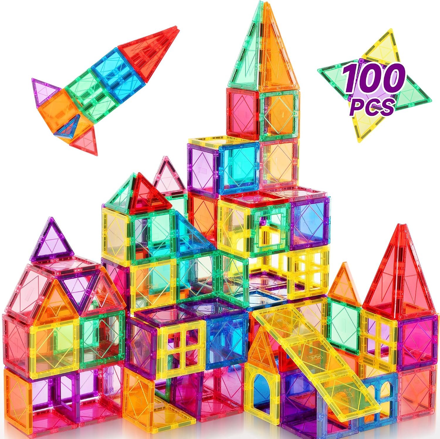 Magnetic Tiles 100PCS Kids Toys – Magnetic Building Blocks STEM Magnet Building Set Preschool Learning Magnet Toys for Kids Ages 3-5 4-8, Sensory Montessori Toy for Toddlers 3+ Year Old Boys Girls