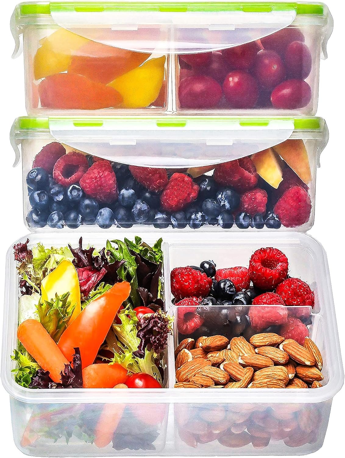 FIT Strong & Healthy Bento Box for Kids and Adults – Reusable Lunch Box Meal Prep Containers, 3 Compartment Snack Box with Lid – Dishwasher, Freezer, Microwave Safe Food Storage (Green, 39 oz, 3 Pack)