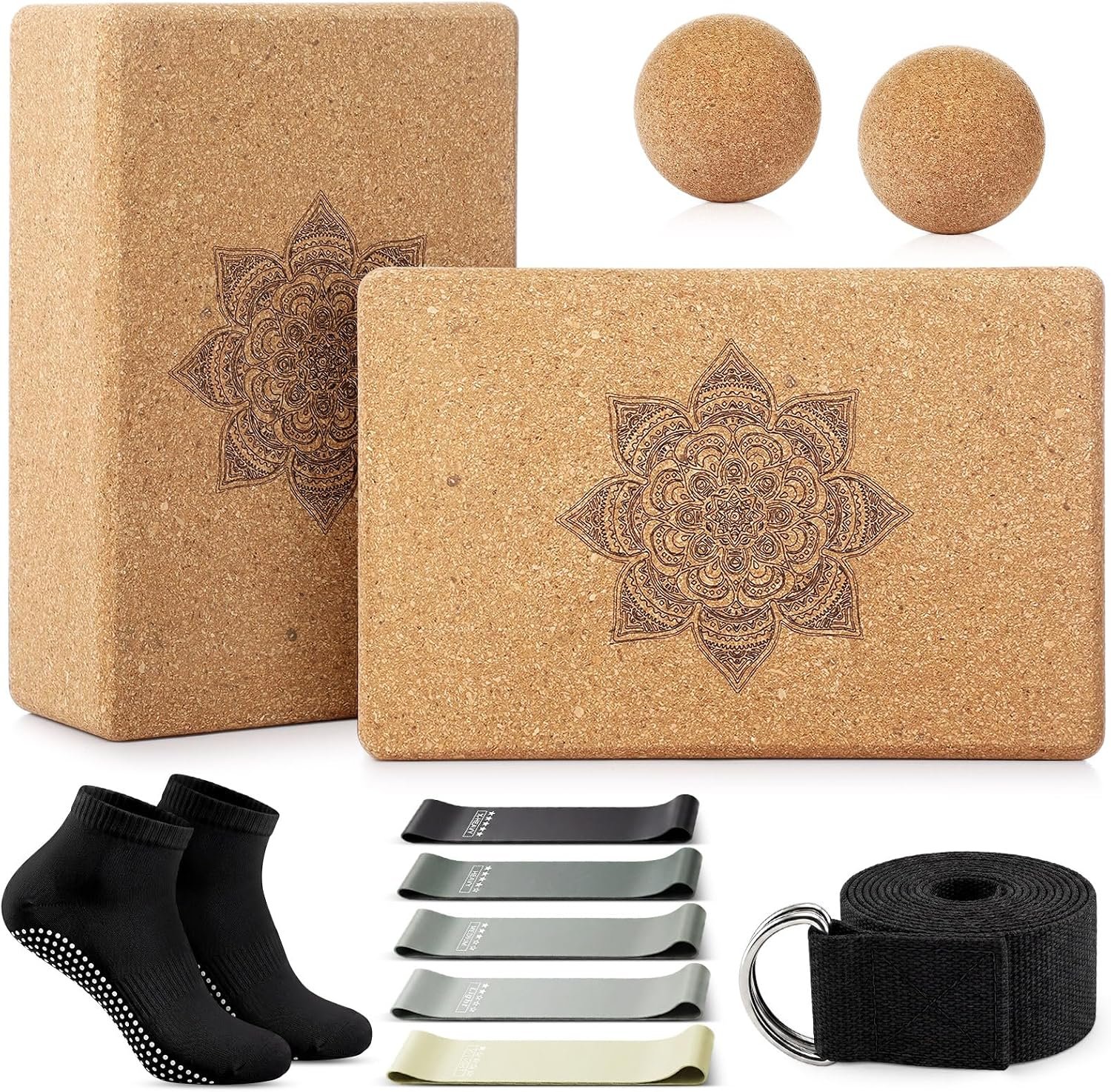 Outus 2 Pcs Yoga Accessories Cork Yoga Blocks Set 2 Cork Fascia Balls 5 Gray Gradient Series Resistance Bands 2 Black Socks and Balck Stretching Strap for Women Pilates, Stretching and Toning