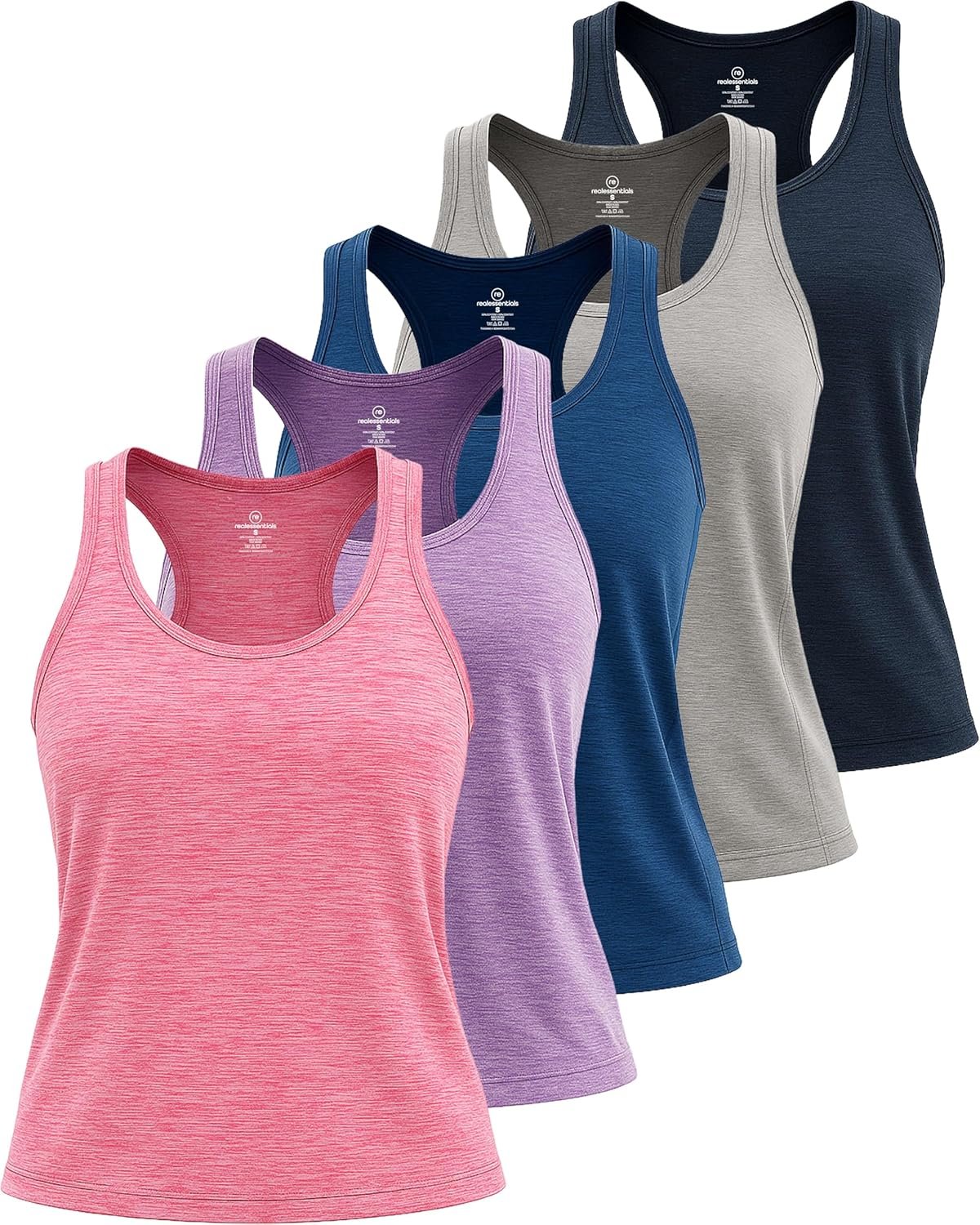 Real Essentials 5 Pack: Women’s Racerback Tank Top Dry-Fit Athletic Performance Yoga Activewear (Available in Plus Size)