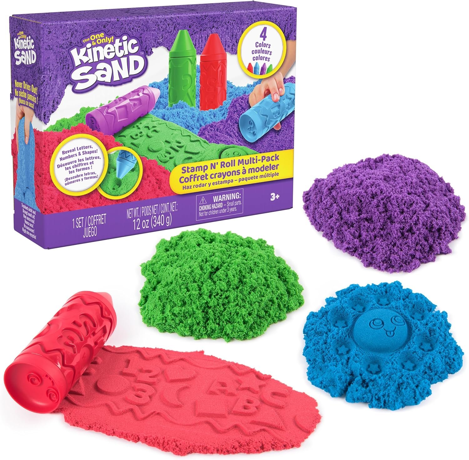 Kinetic Sand, Stamp N’ Roll Crayon Multi-Pack with 12 oz Purple, Green, Blue & Red Play Sand, Toddler Toys, Arts and Crafts Kids Toys for Girls & Boys Ages 3 and up