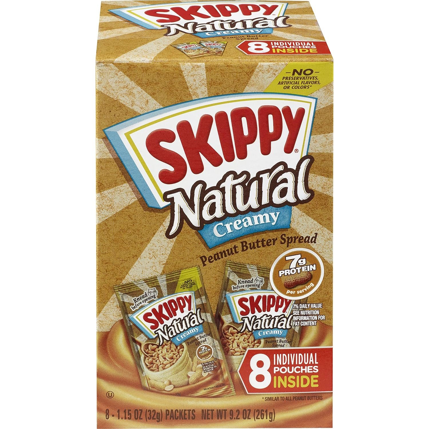 SKIPPY Natural Creamy Peanut Butter Spread Individual Squeeze Packs, 1.15 Ounce (8 Pouches)