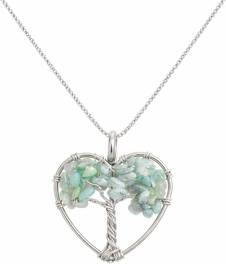 Amazonite tree of life heart pendant Necklaces for Woman, Mom, Natural Amazonite Healing Crystal Pendant Necklaces for Emotional balance, Stress relief, Communication, Tree of Life Crystal Jewelry